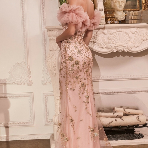 Green, blue,..New long off the shoulder tulle glitter print sheath formal gown, - Picture 10 of 11